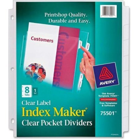 AVERY DENNISON Avery Index Maker Clear Pocket View Divider, Print-on, 8.5"x11", 8 Tabs, White/White 75501